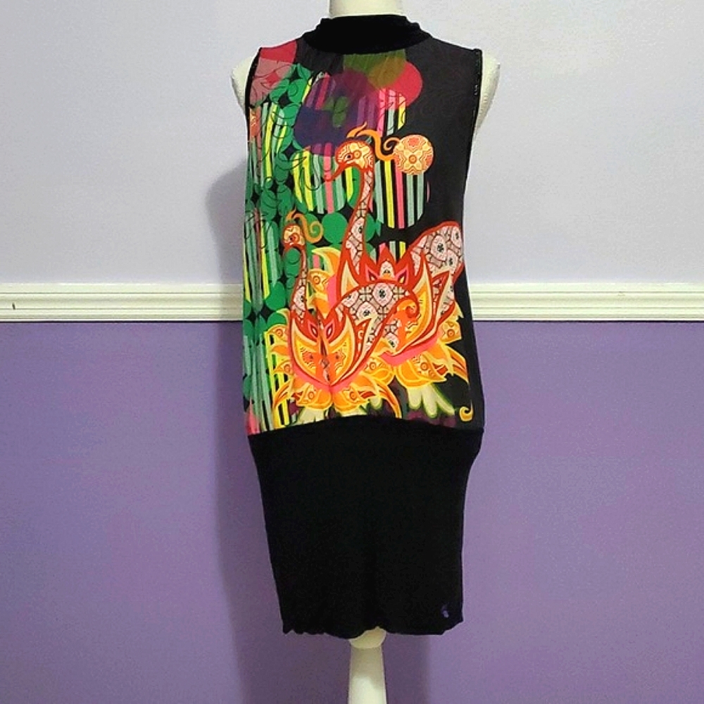 Amarillo Limon Black & Colorful Bird Mixed Media Blouson Mini Dress Party M